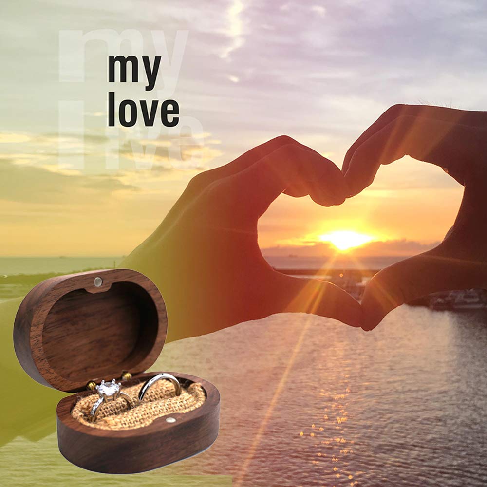 Mr & Mrs Walnut Wood Ring Box – romantic sunset scene with heart hands and my love text overlay