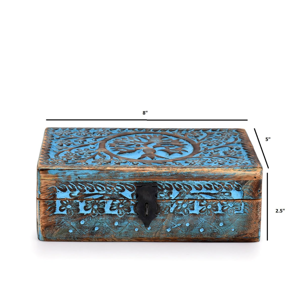 Tree of Life Wooden Jewelry Box – front view with 8 x 5 x 2.5 inch size annotation, compact storage