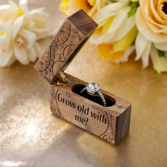 Slim Walnut Wood Ring Box – Grow Old With Me engraving amid champagne roses, proposal scene