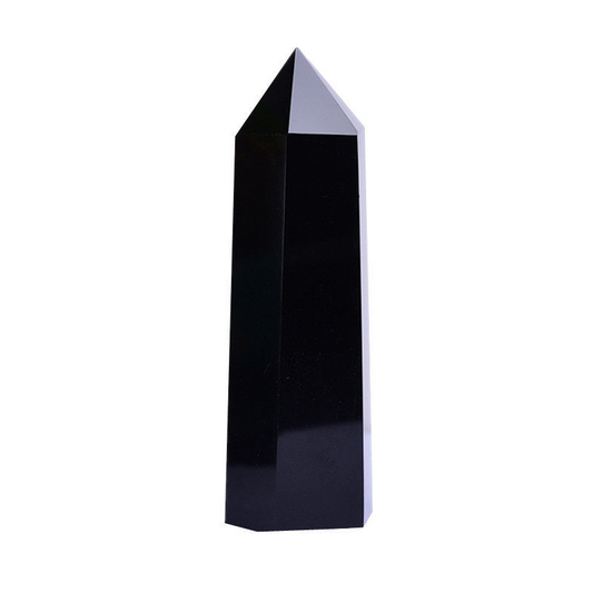 Polished black obsidian crystal point tower, single hexagonal pillar on white background, protection energy shield stone