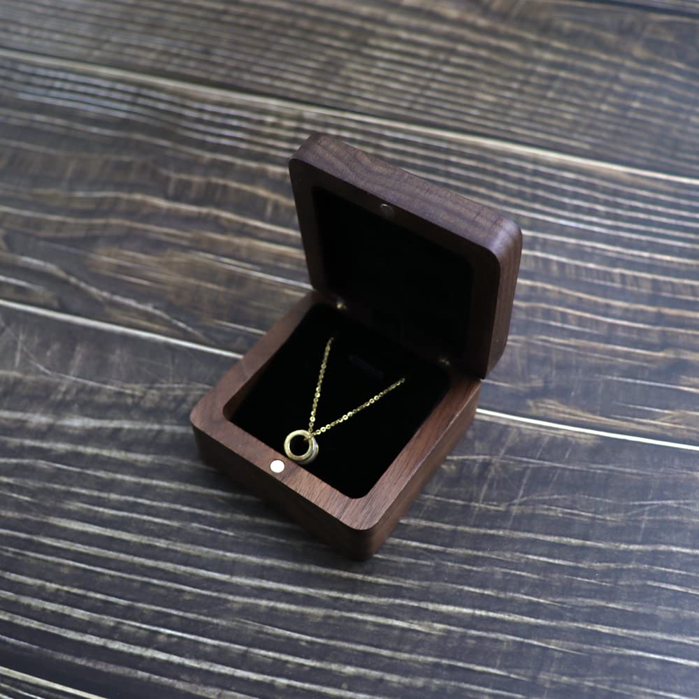 Natural Walnut Necklace Box – open on weathered wood with gold circle pendant, rustic elegant display