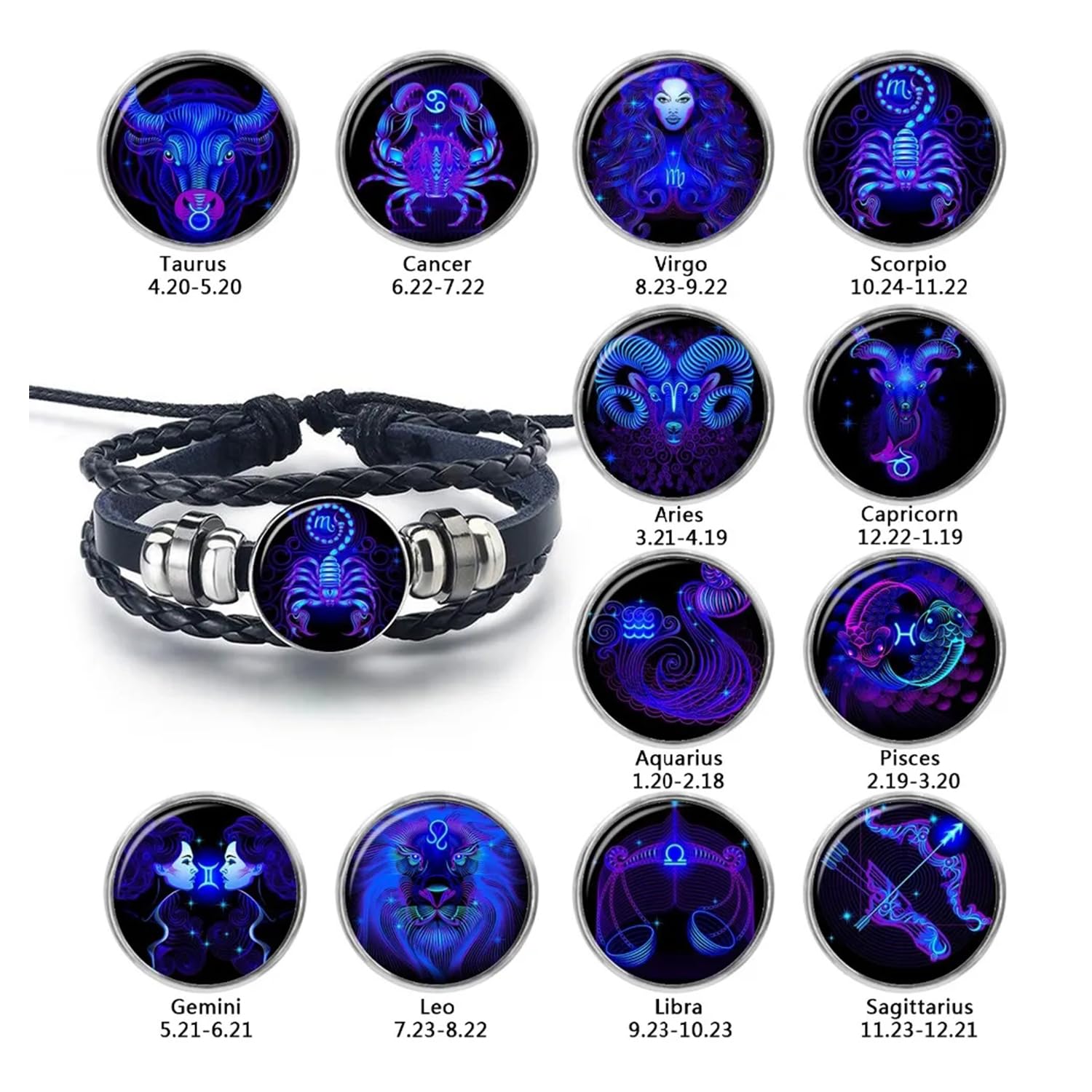 Zodiac Leather Wrap Bracelet – Scorpio featured with 12 zodiac variants in cosmic neon grid display
