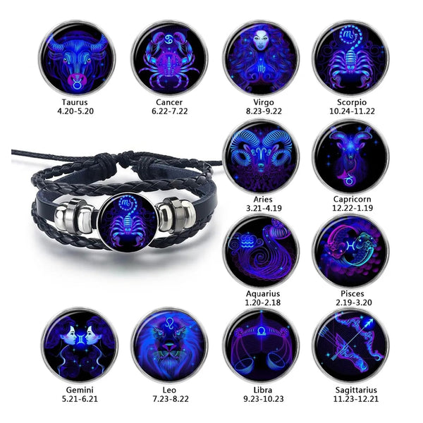 Zodiac Leather Wrap Bracelet – Scorpio featured with 12 zodiac variants in cosmic neon grid display