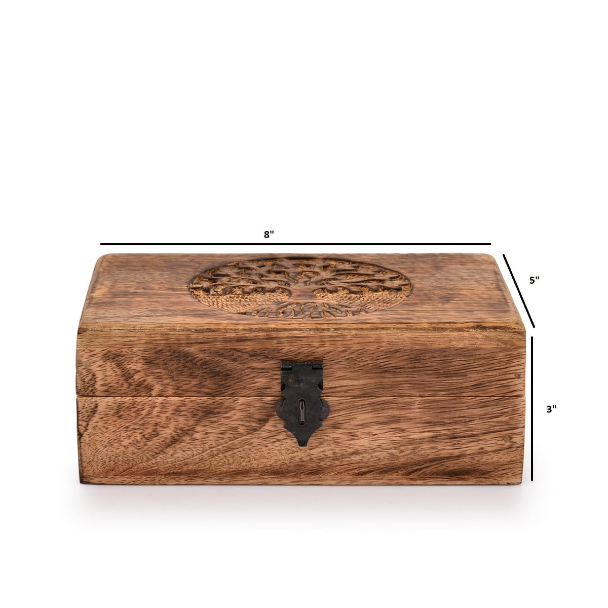 Mango Wood Tree of Life Box – frontal view with 8x5x3 inch dimension callouts, product spec