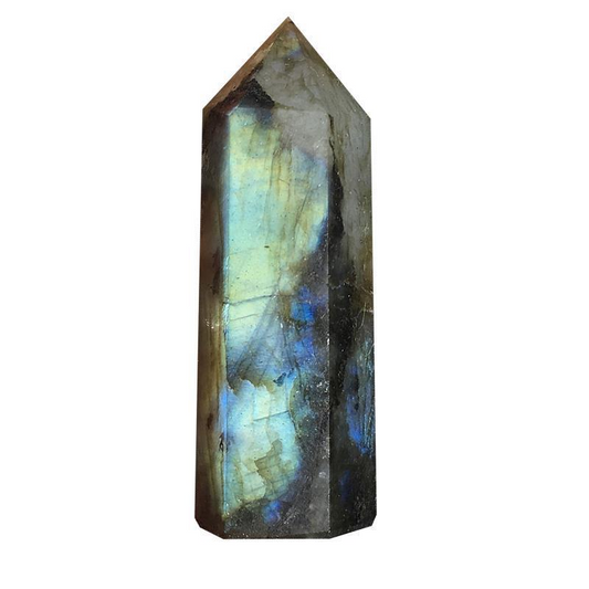 Natural labradorite crystal pillar with blue and gold flash, single hexagonal point tower on white background, chakra healing stone