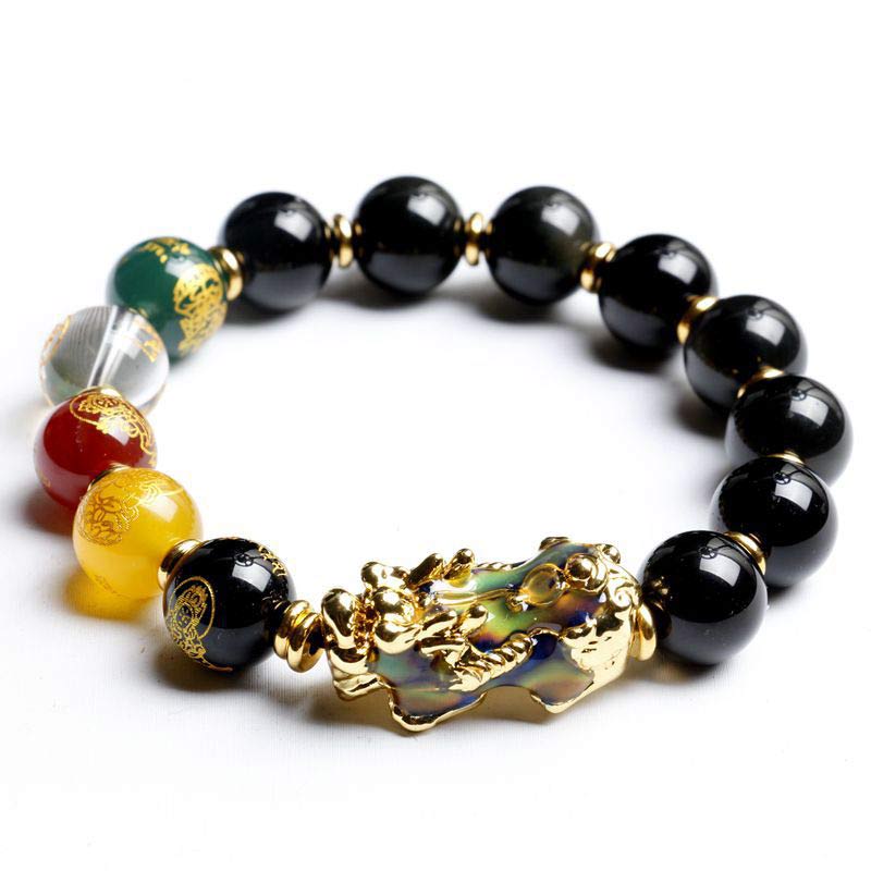 Color-Changing PiXiu Obsidian Five Elements Bracelet – front view black obsidian with colorful five elements beads, feng shui wealth