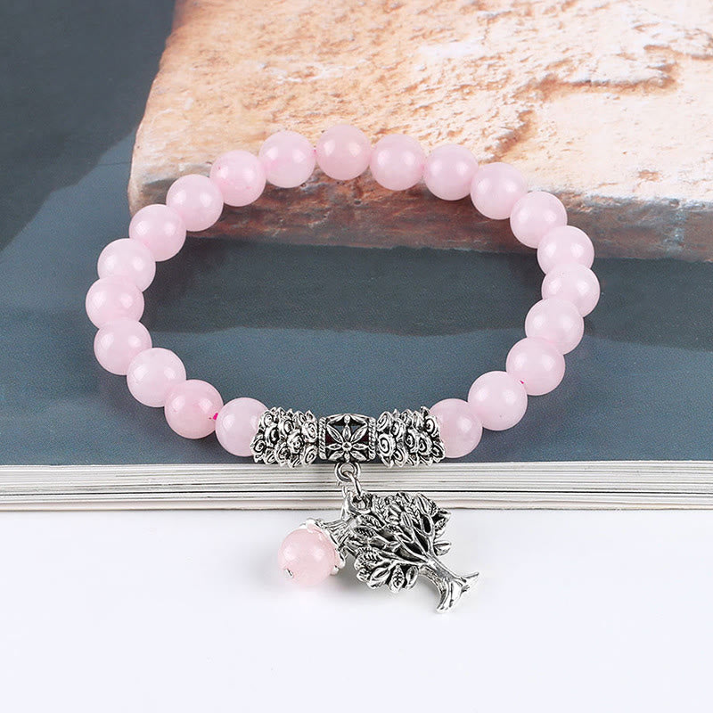 Tree of Life rose quartz bracelet with pale pink quartz beads, silver Tree of Life pendant, small pink bead dangle, antique silver finish.