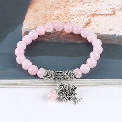 Tree of Life rose quartz bracelet with pale pink quartz beads, silver Tree of Life pendant, small pink bead dangle, antique silver finish.