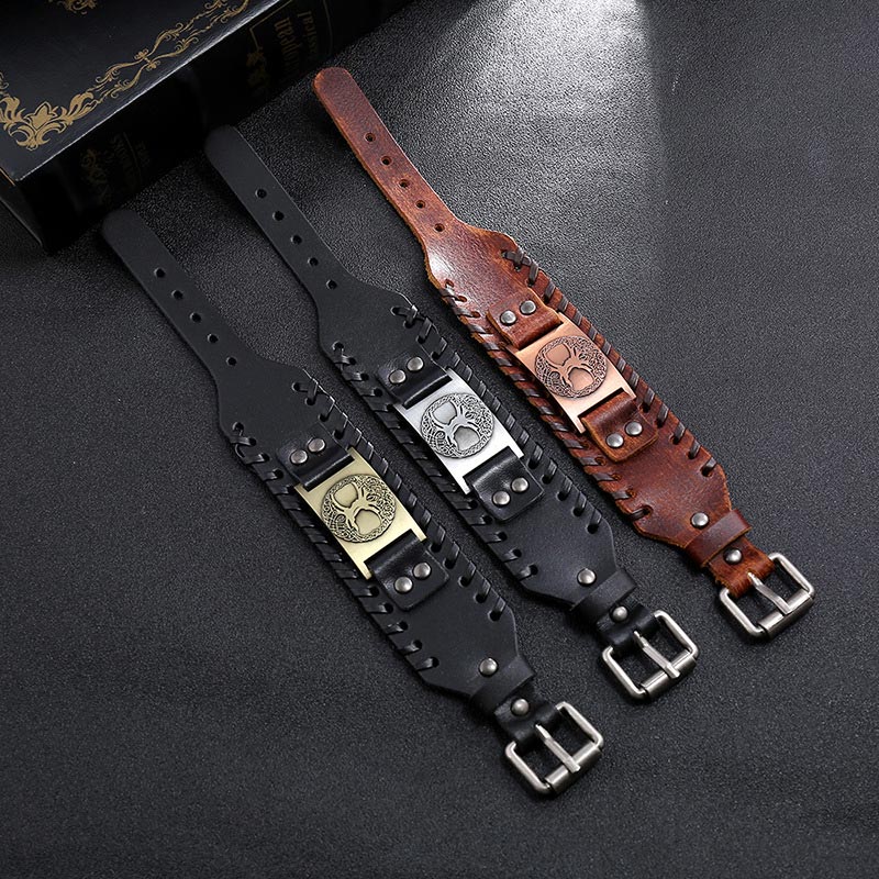 Tree of Life Copper Leather Bracelet – three leather cuff variants with Tree of Life plaques, dark textured surface group shot
