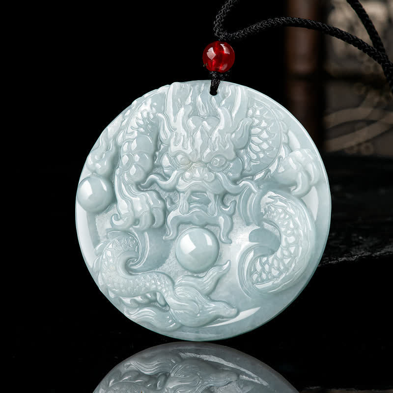 Chinese Zodiac Dragon Jade Amulet Necklace - detailed dragon scales and cloud motifs on celadon jade
