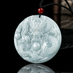 Chinese Zodiac Dragon Jade Amulet Necklace - detailed dragon scales and cloud motifs on celadon jade