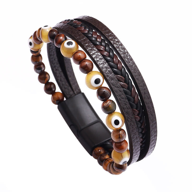 Evil Eye Tiger Eye Bracelet – Golden tiger eye beaded multilayer bracelet with amber evil eye, white bg