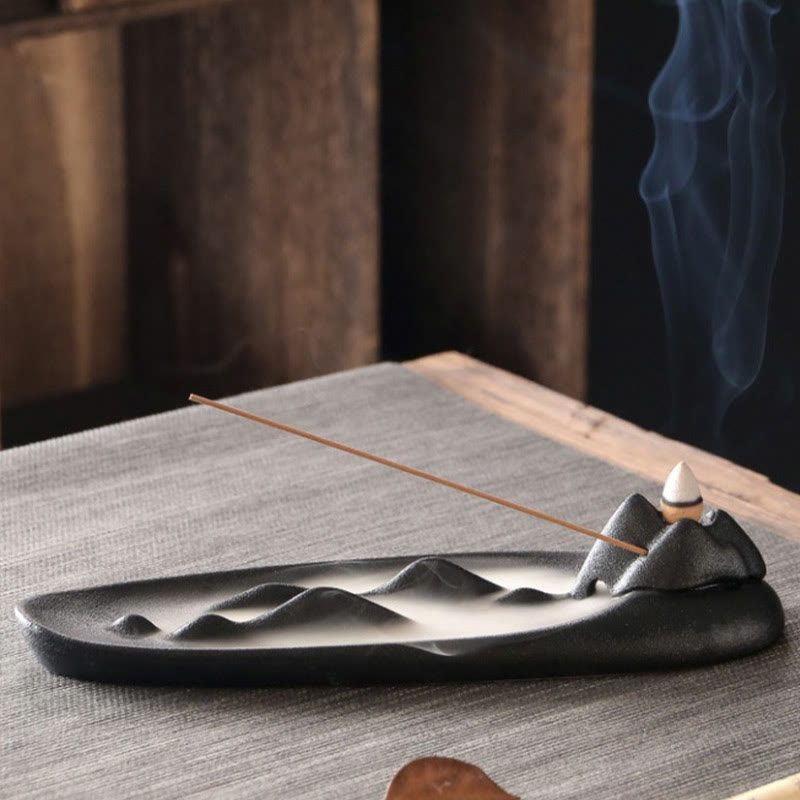 Double Koi Fish Mountain Incense Burner - charcoal mountain backflow burner with smoke on zen mat