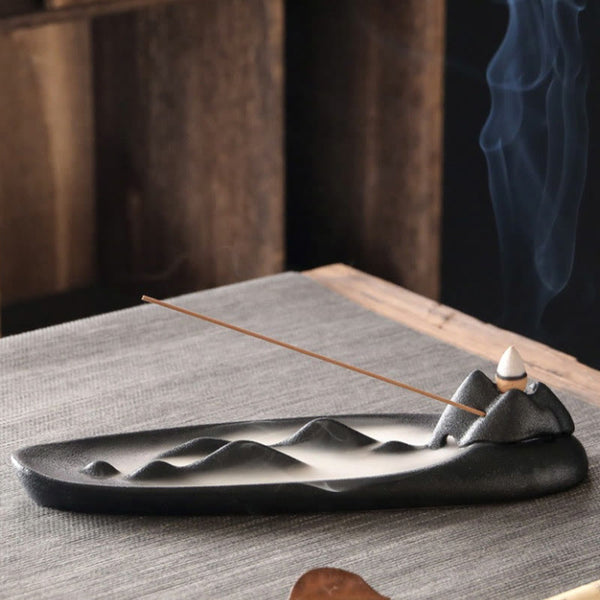 Double Koi Fish Mountain Incense Burner - charcoal mountain backflow burner with smoke on zen mat