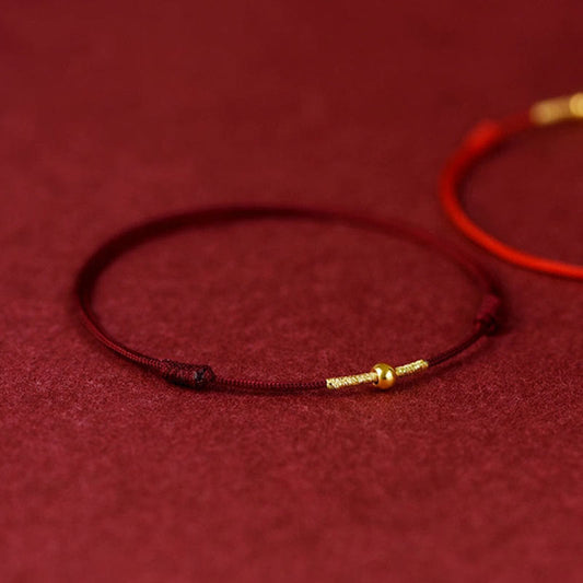 925 Sterling Silver Golden Bead Protection Rope Bracelet – Dark Red / Anklet Circumference 21-27cm, angled view, healing b...