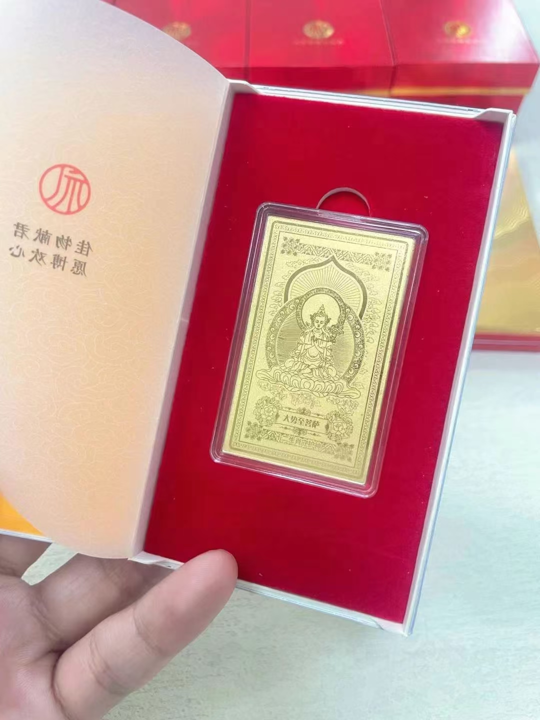 Guardian Gods Gold Foil Phone Sticker – Mahasthamaprapta gold foil card in open red velvet gift box, zodiac guardian collection packaging display