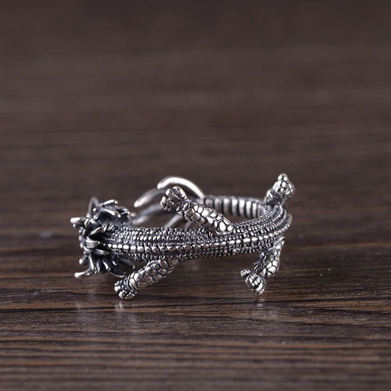 925 Sterling Silver Dragon Ring – Dragon ring lying on side showing full scaled texture and claw details, Detailed