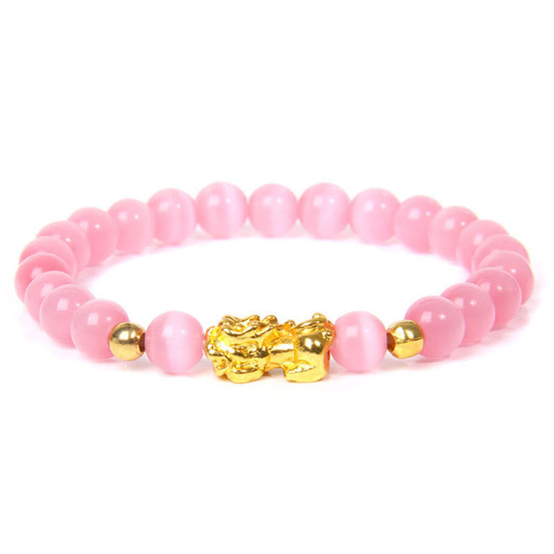 FengShui Obsidian Red Agate Tiger Eye PiXiu Wealth Bracelet – pink cat eye beads with gold pi xiu charm, feng shui love bracelet