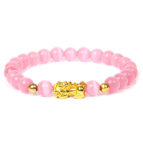 FengShui Obsidian Red Agate Tiger Eye PiXiu Wealth Bracelet – pink cat eye beads with gold pi xiu charm, feng shui love bracelet