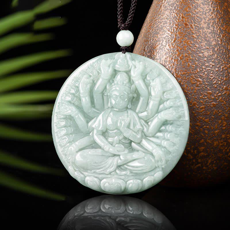 Thousand-Hand Kwan Yin Jade Necklace – macro of hand holding jewel, handcrafted copper casting detail