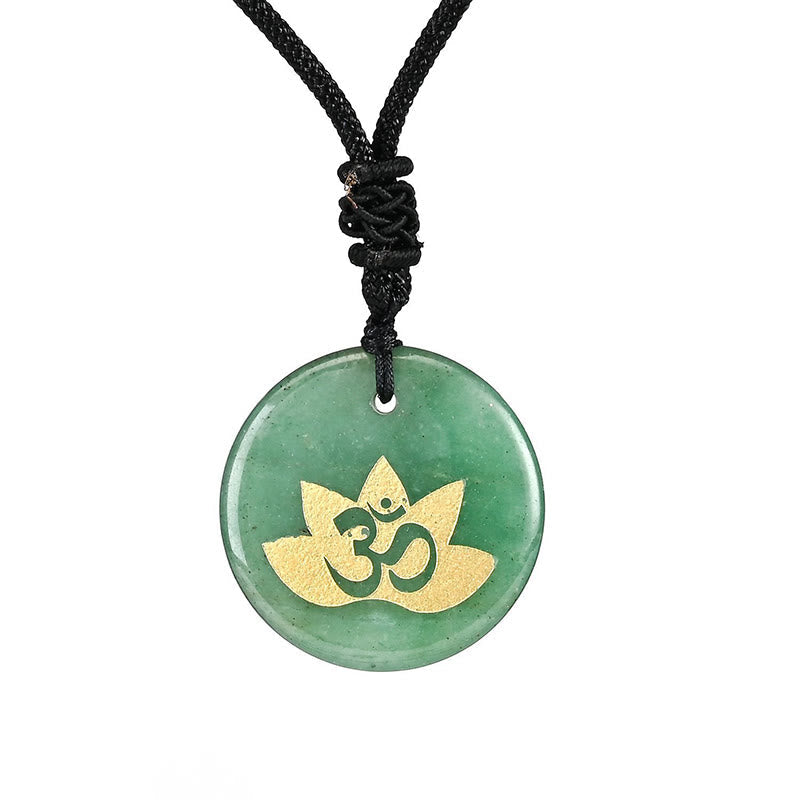 OM Lotus Amethyst Tiger Eye Pendant - green aventurine disc with gold lotus Om inlay, balancing crystal jewelry
