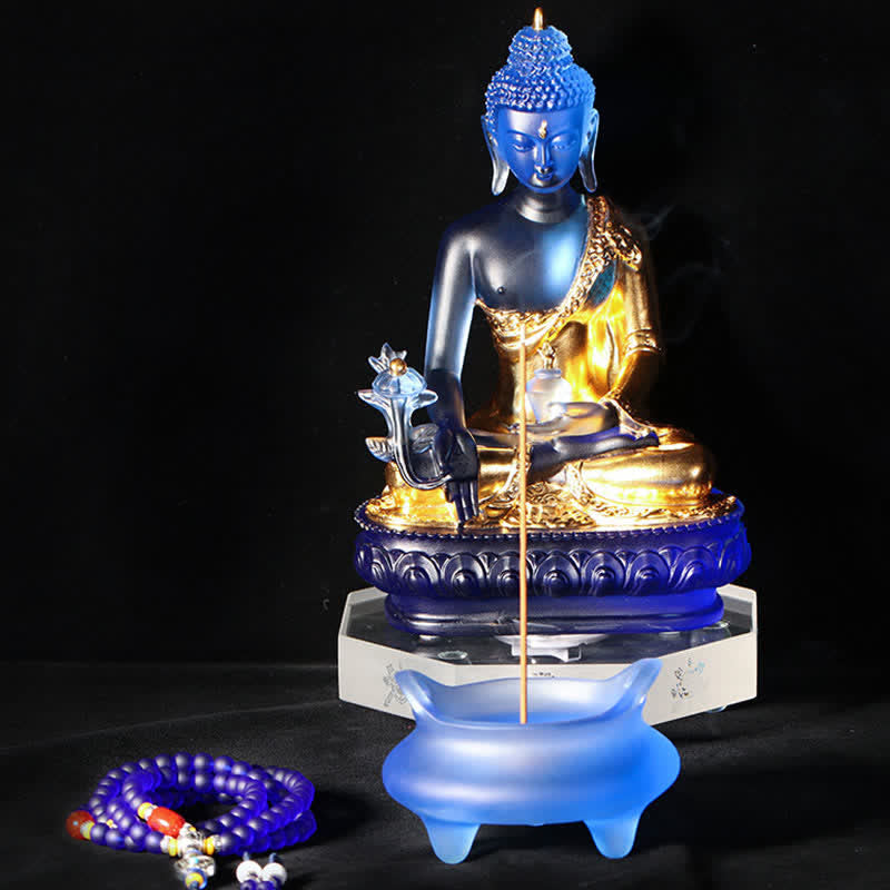 Medicine Buddha Liuli Crystal Statue Handmade Home Office Decoration – jade-green liuli Medicine Buddha, heart healing nature