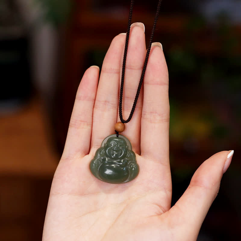 Laughing Buddha Hetian Jade Necklace – Hand-carved creamy white jade deity charm, peace gift