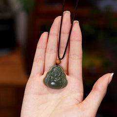 Laughing Buddha Hetian Jade Necklace – Hand-carved creamy white jade deity charm, peace gift