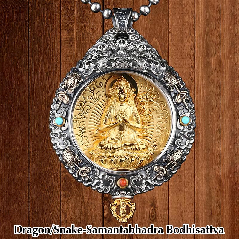 Zodiac Buddha Thangka Wealth Rotatable Pendant – Dragon Snake Samantabhadra Bodhisattva front view on wood, blessing