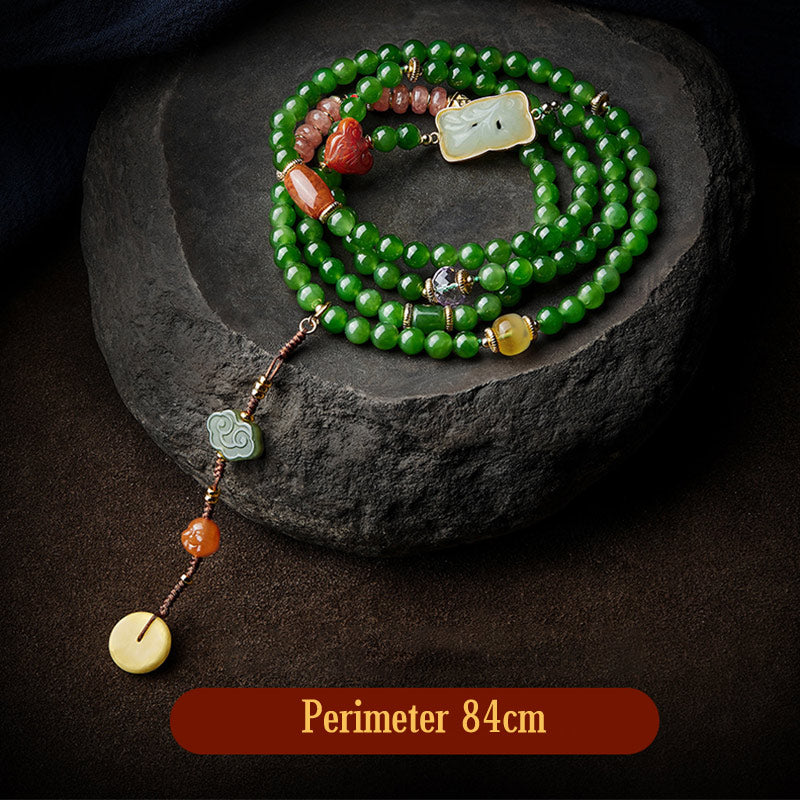 108 Mala Beads Jade Agate Bracelet – Buddha bead front and back view, three-dimensional carving
