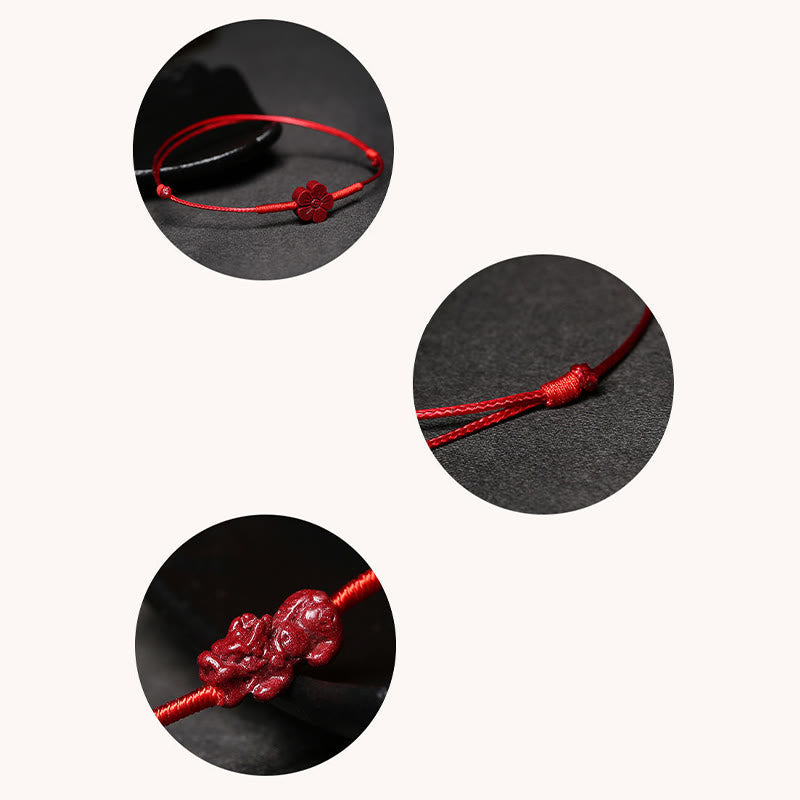 Cinnabar PiXiu Lotus Koi Fish Blessing Braid Bracelet – collage of three designs: flower, knot detail, and PiXiu charm, variety blessing styles