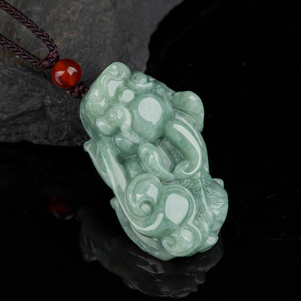Jade PiXiu Necklace – Light green jade Pixiu carving with red agate bead, braided cord, black stone, wealth jewelry