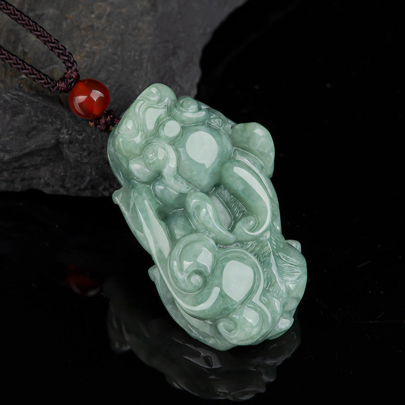 Jade PiXiu Necklace – Light green jade Pixiu carving with red agate bead, braided cord, black stone, wealth jewelry