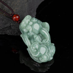 Jade PiXiu Necklace – Light green jade Pixiu carving with red agate bead, braided cord, black stone, wealth jewelry