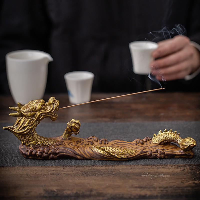 Dragon Protection Incense Burner – white background product shot with dimensions 30cm, gold dragon on brown base