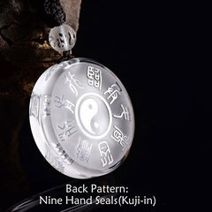 Crystal Yin-Yang Pendant - Nine Hand Seals Kuji-in engraving on clear quartz disc, Buddhist spiritual necklace