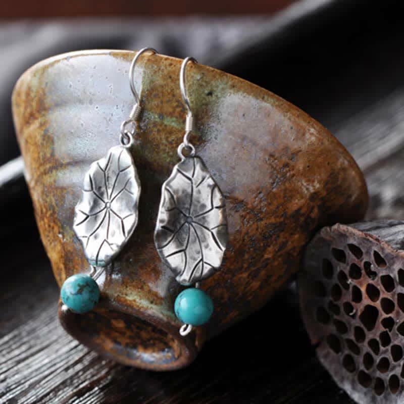 Sterling Silver Turquoise Lotus Leaf Earring - on pottery with lotus pod, artisan style