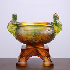 Liuli Crystal PiXiu Bowl – Amber-green liuli crystal treasure bowl with twin PiXiu handles on stand
