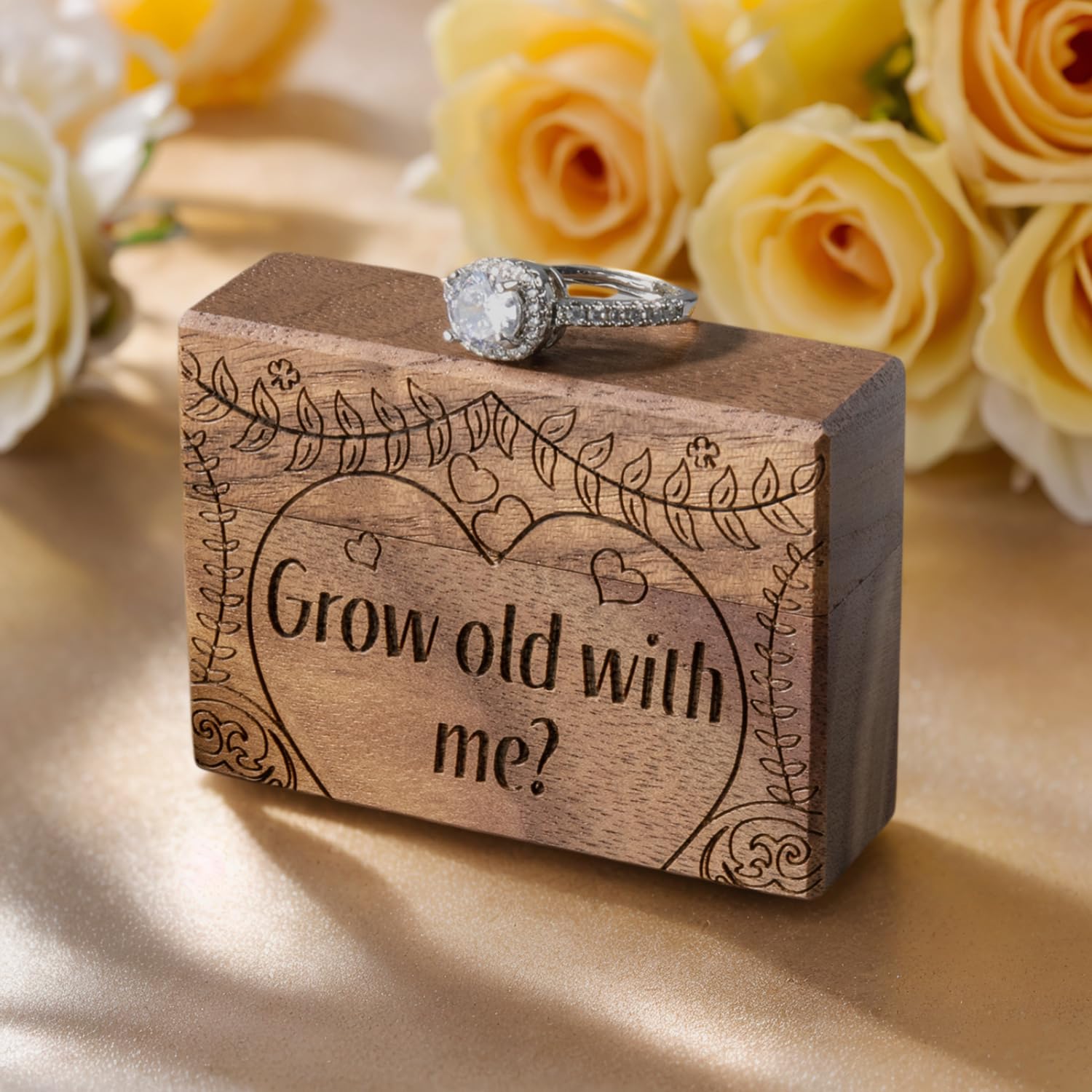 Slim Walnut Wood Ring Box – romantic setting with roses and golden silk, wedding ceremony theme