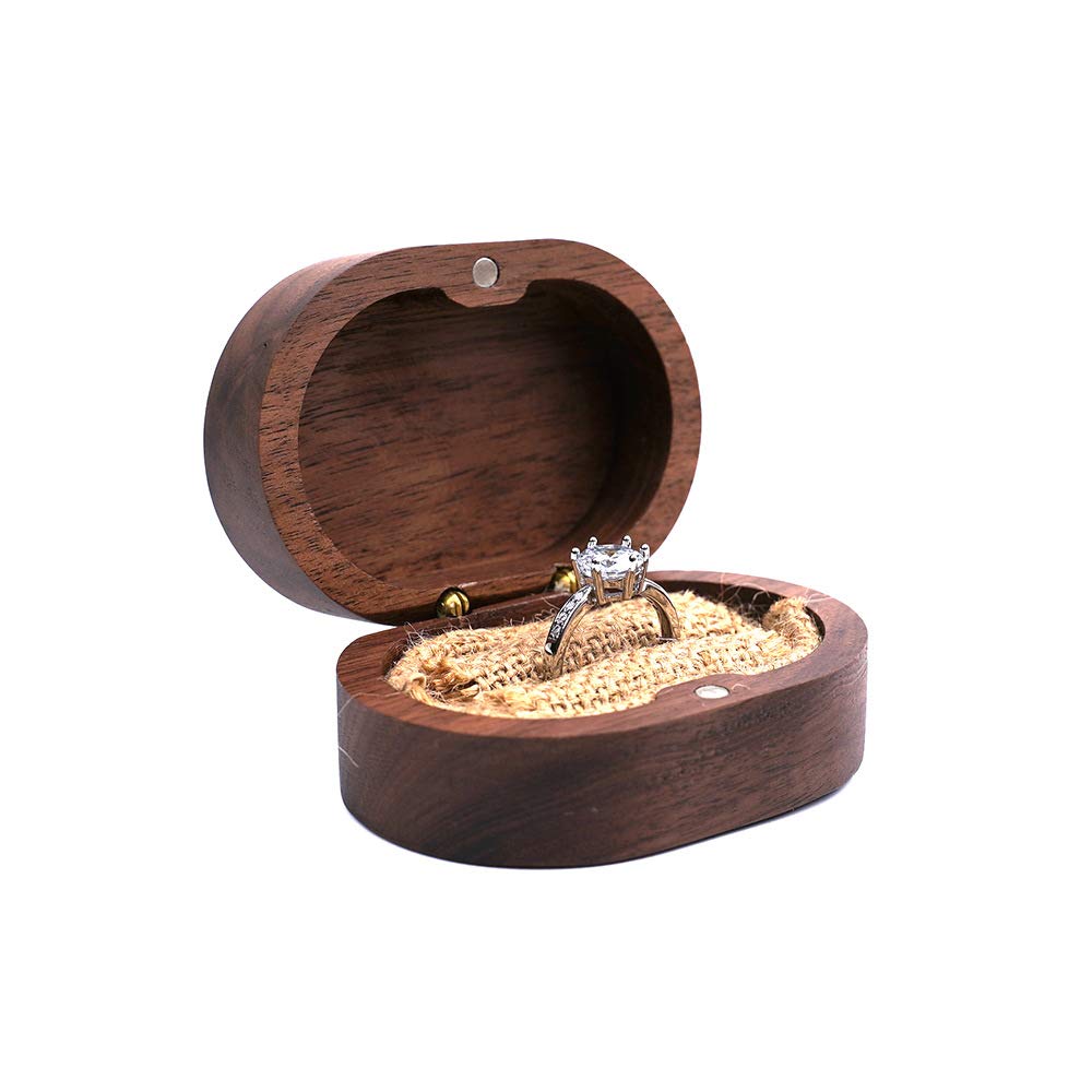 Mr & Mrs Walnut Wood Ring Box – open view with single engagement ring on white, close-up detail