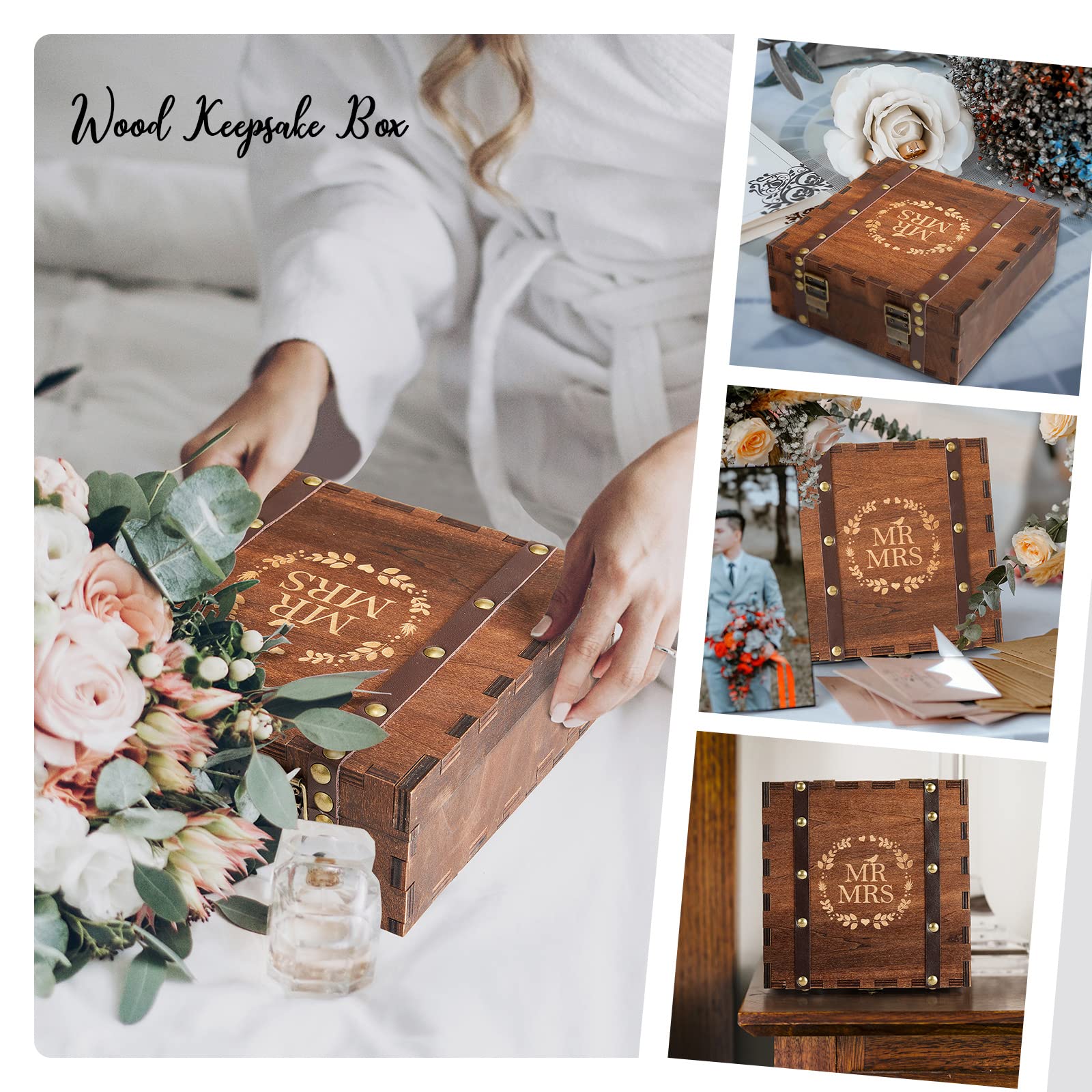 Mr Mrs Wooden Keepsake Box – four-scene collage of bride holding, table decor, open box and home display