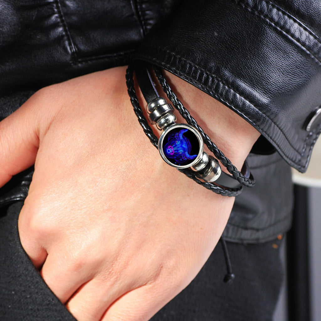 Zodiac Leather Wrap Bracelet – Scorpio worn on wrist with leather jacket, lifestyle close-up shot