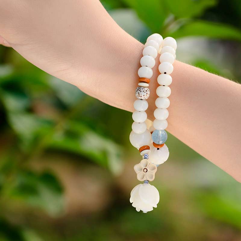 Tibetan White Jade Bodhi Lotus Blessing Bracelet | Enlightenment