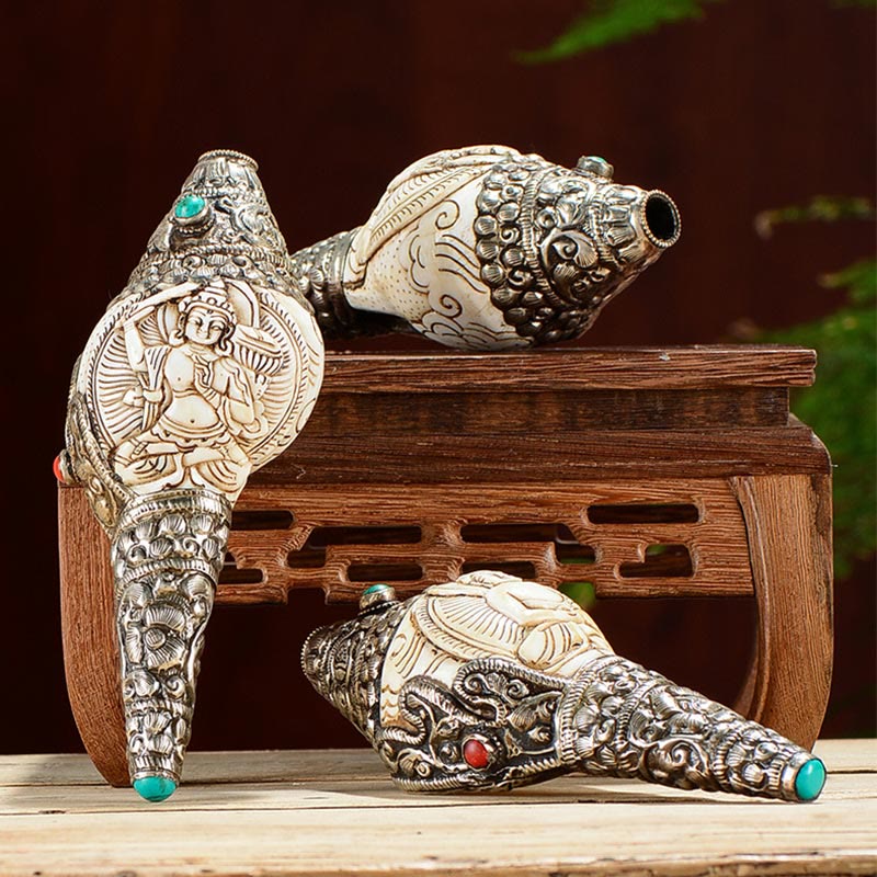 Engraved Shankha Positive Conch – front view Buddha seated in meditation on conch pedestal, zen decor