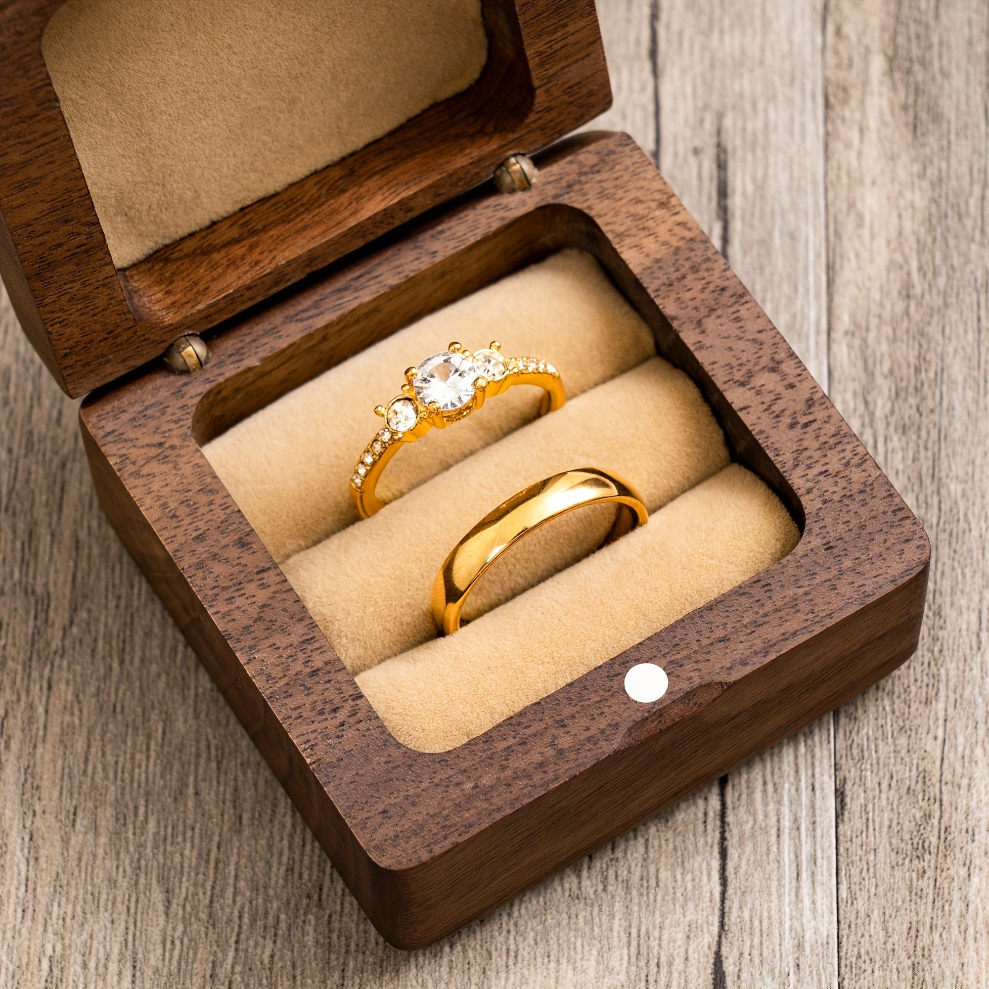 Walnut Wood Ring Box – close-up of gold diamond ring and band in velvet-lined interior, luxury