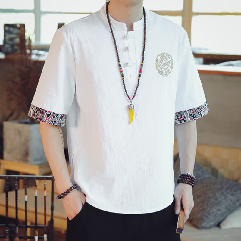 Dragon Embroidery Frog-Button Linen Tang Suit Shirt - Crisp white with ornate embroidered cuffs, pristine