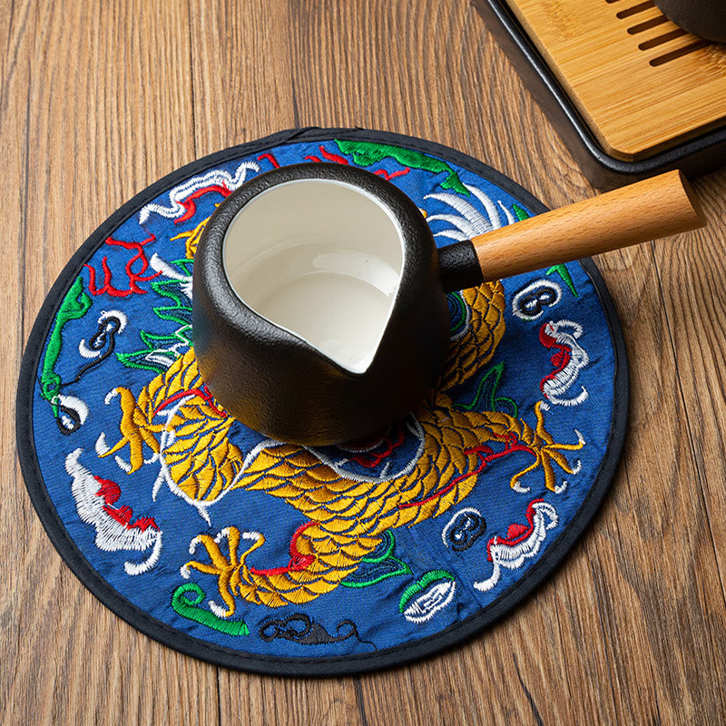 Dragon Embroidery Tea Cup Coaster Mat - blue base coiled dragon with teapot overhead, cloud motifs, ceremony accessory