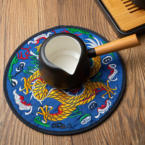 Dragon Embroidery Tea Cup Coaster Mat - blue base coiled dragon with teapot overhead, cloud motifs, ceremony accessory