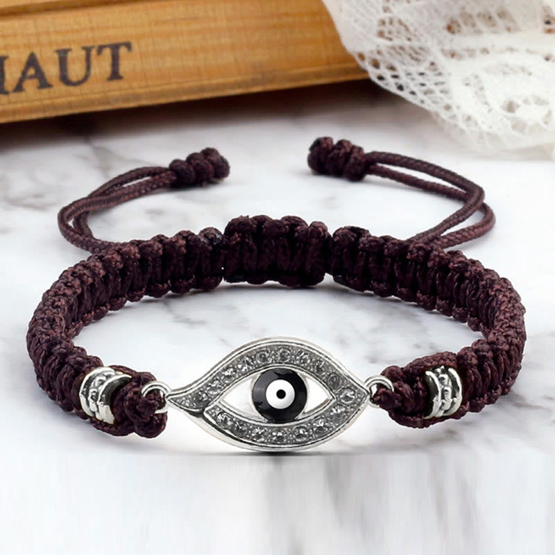Burgundy cord evil eye bracelet with silver pave crystal eye, marble and wood styling