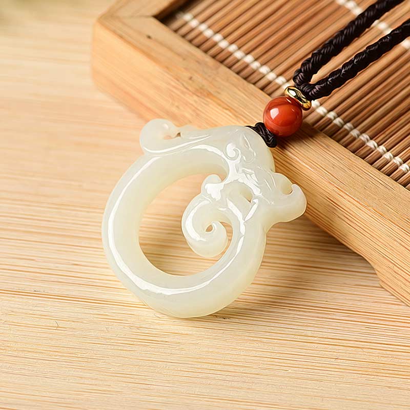 White Jade Cyan Jade Dragon Pendant – white jade chi dragon on bamboo mat, cultural